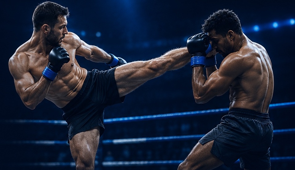 Two kickboxing athletes, one delivering a high kick while the other blocks with raised gloves.